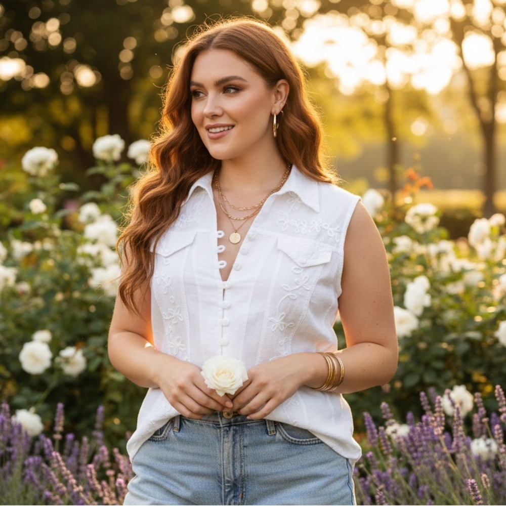 Vintage White Sleeveless‎ Button Down Blouse Embroidered Boho Cottagecore XL